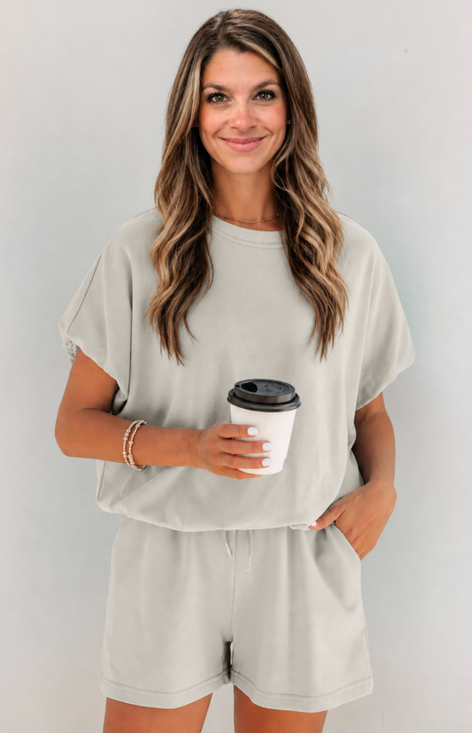Smoke Gray Solid Color Puffy Short Set