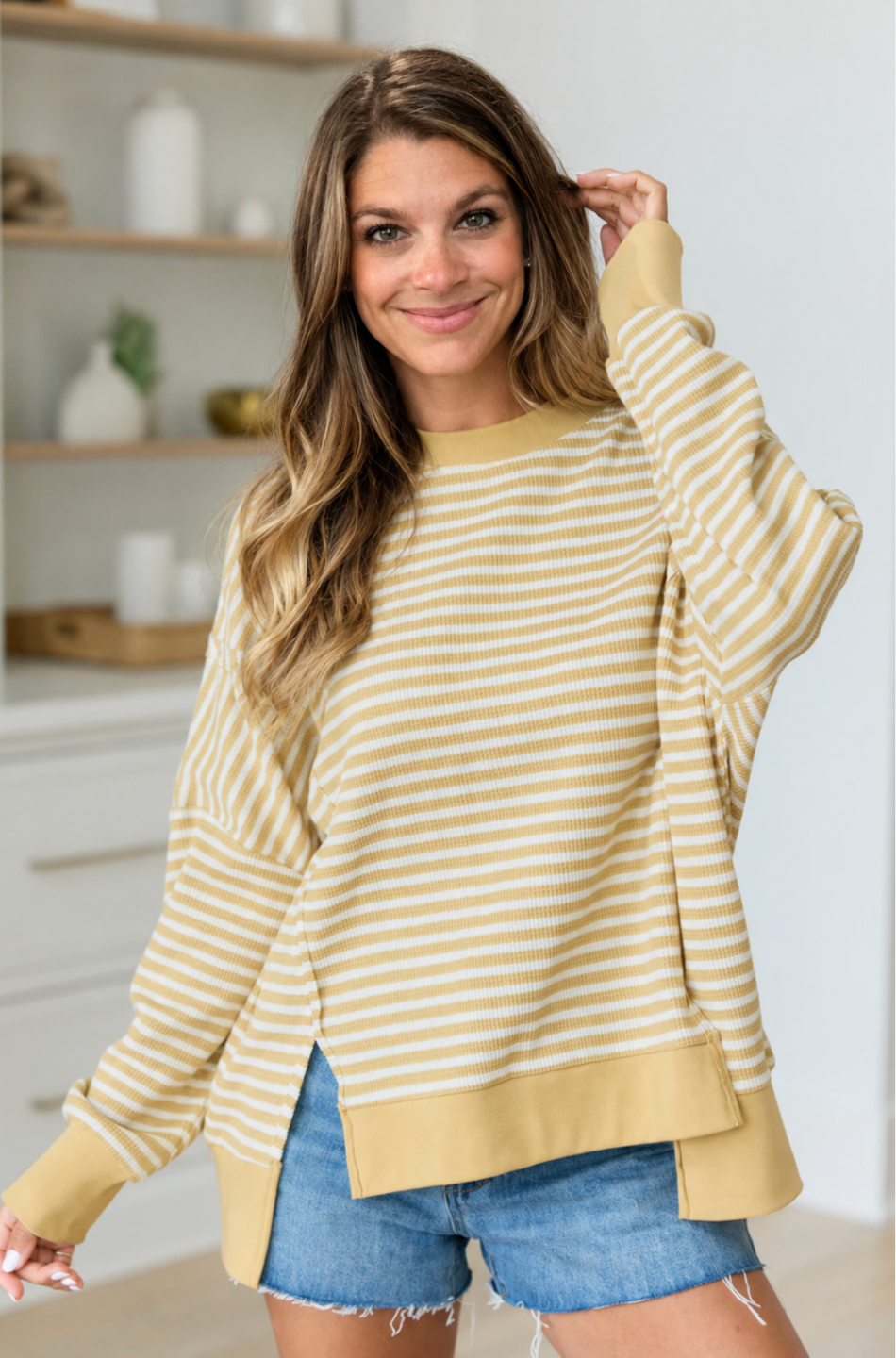 Khaki Stripe Textured Knit Color Block Trim Split Hem Long Sleeve Top
