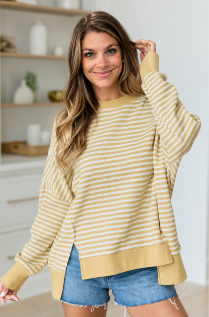 Khaki Stripe Textured Knit Color Block Trim Split Hem Long Sleeve Top