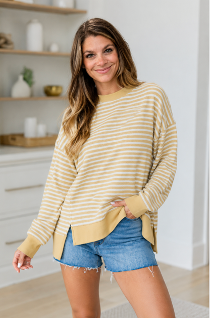 Khaki Stripe Textured Knit Color Block Trim Split Hem Long Sleeve Top