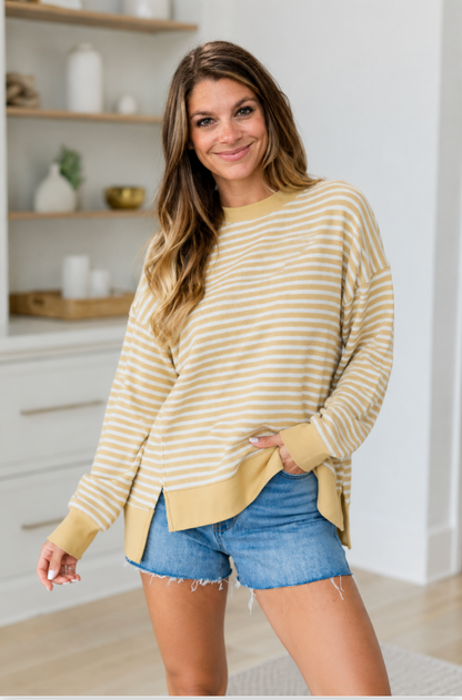 Khaki Stripe Textured Knit Color Block Trim Split Hem Long Sleeve Top