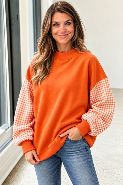 Russet Orange Plaid Sleeve Colorblock Loose Tunic Sweatshirt