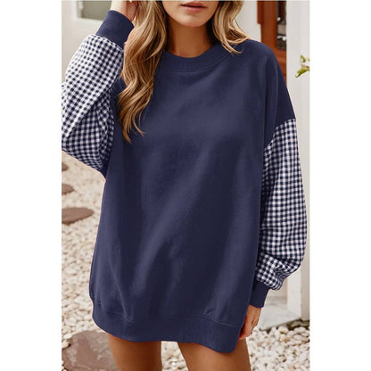 Plaid Color Block Oversized Sweatshirt Casual Fall Pullover