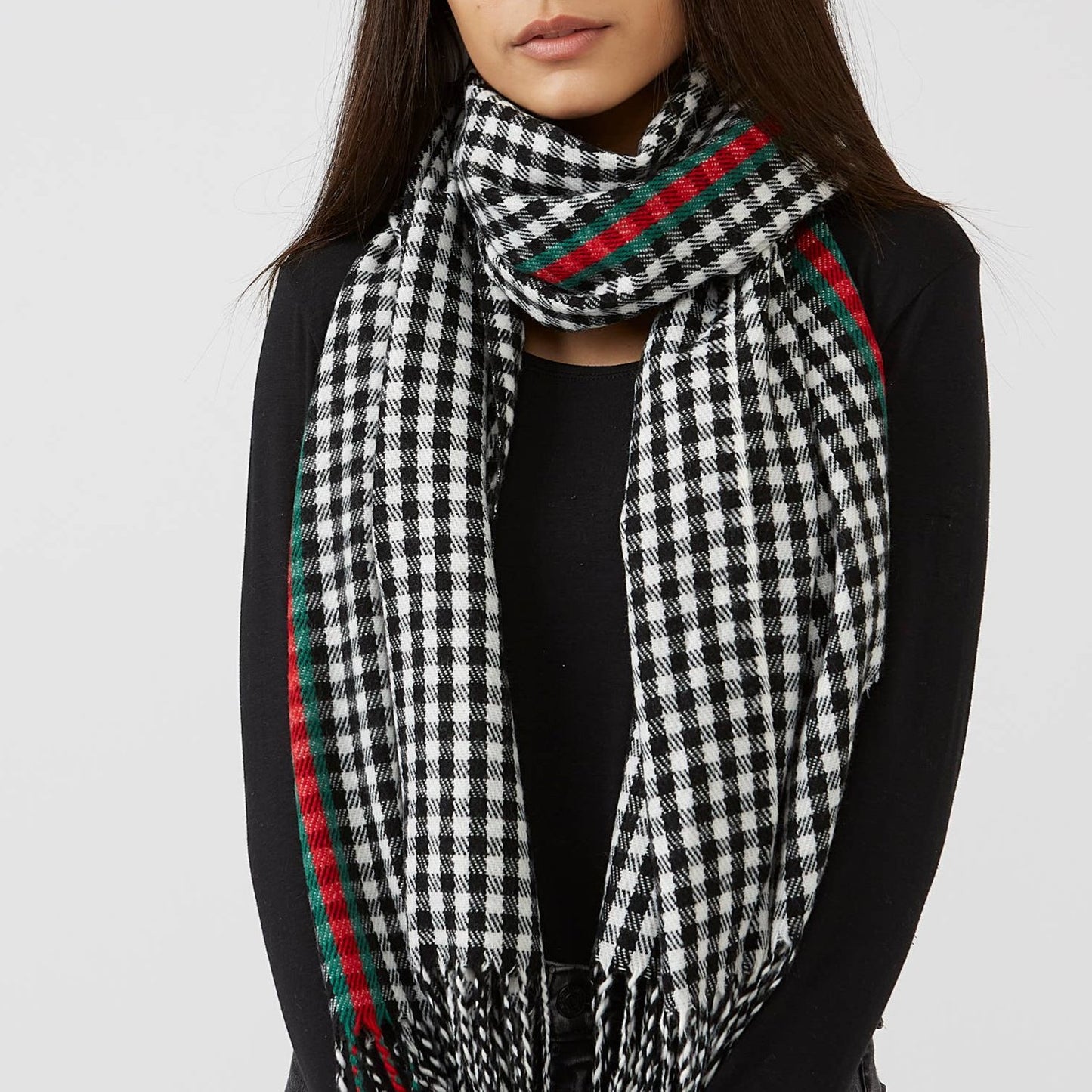 Black Petite Check Fringe Scarf