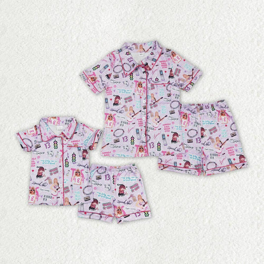 Mommy and Me Baby Girls Purple Singer 1989 Buttons Top Shorts Pajamas Clothes Sets