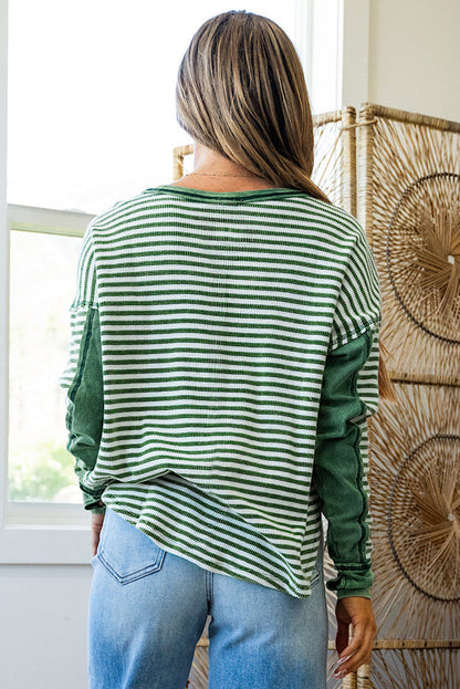 Green Stripe Thermal Knit Drop Shoulder