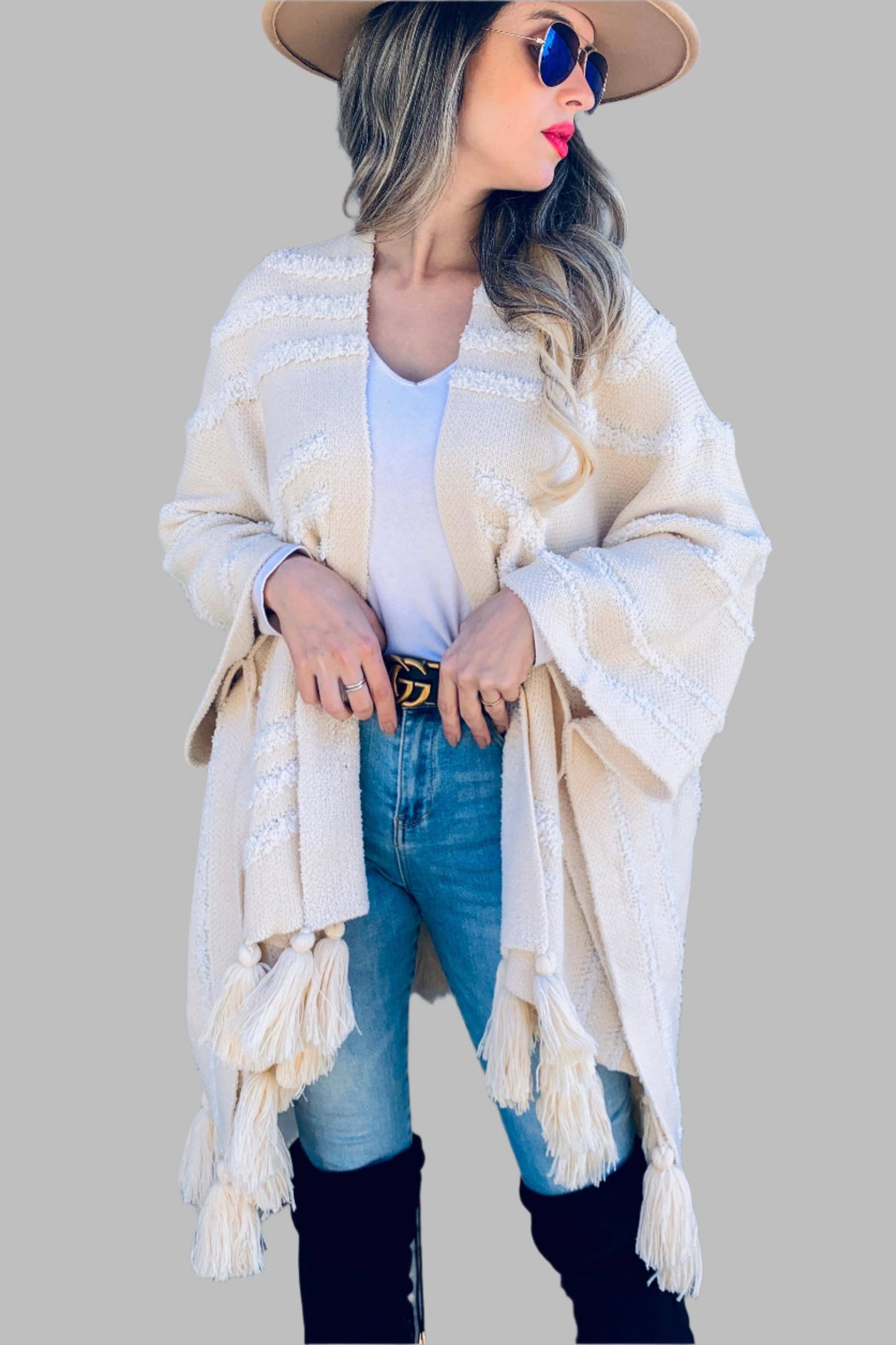 Gracie Cream Textured Chunky Tassel Cardigan