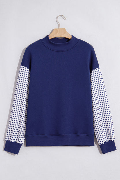 Russet Orange Plaid Sleeve Colorblock Loose Tunic Sweatshirt