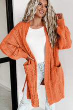 Load image into Gallery viewer, Red Ribbed Trim Hollow Knit Side Slits Cardigan