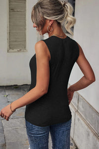 Ribbed Knit Cut Out Twist Front Crew Neck Tank Top