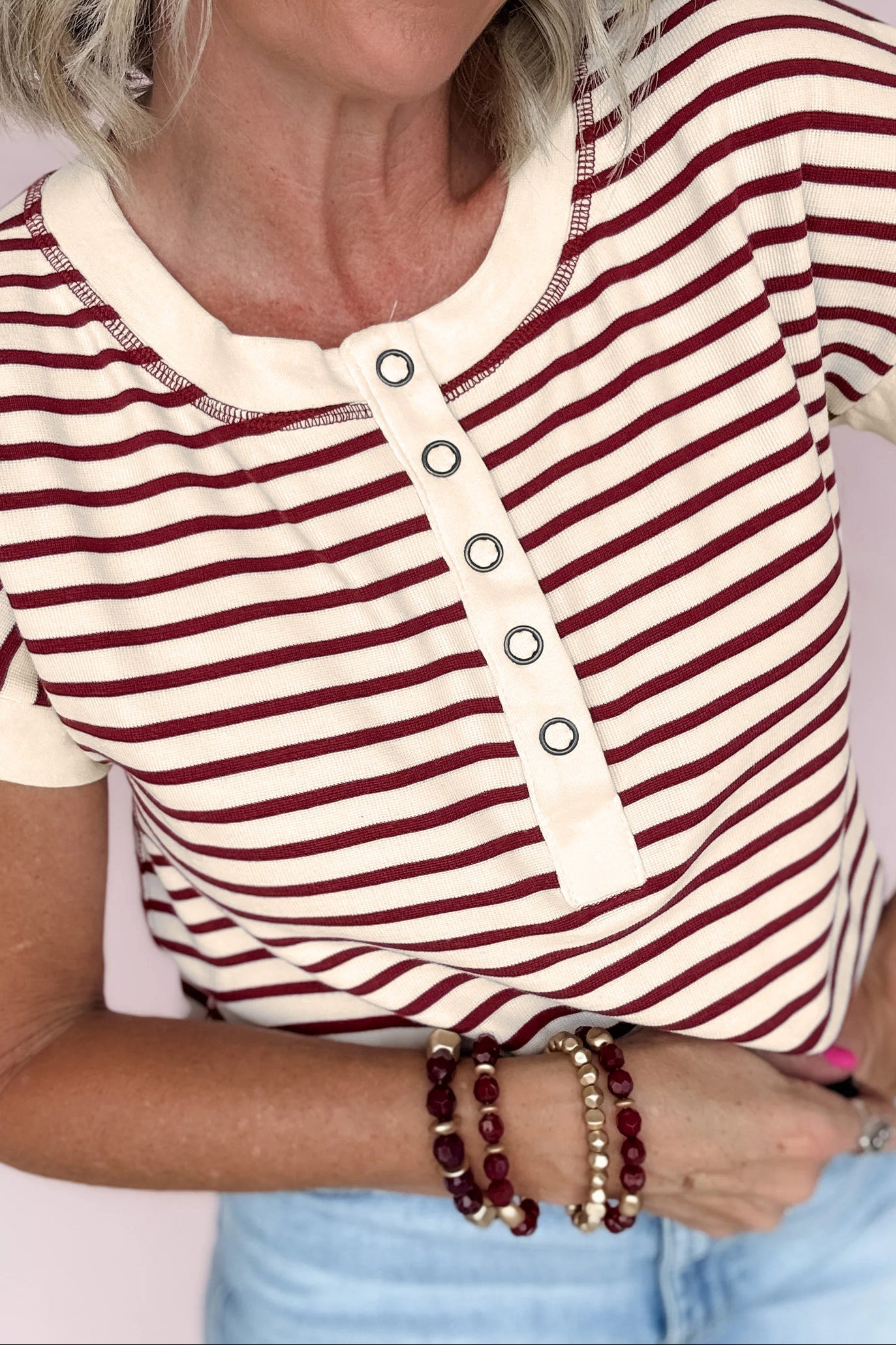 Red Stripe Half Buttons Round Neck T Shirt