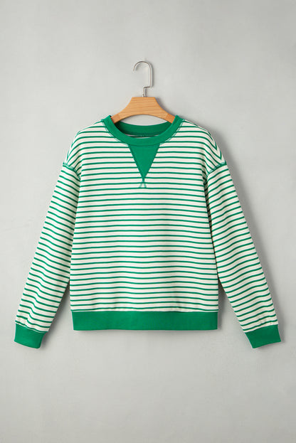 Bright Green Striped Exposed Seam Patchwork Loose Pullover Top