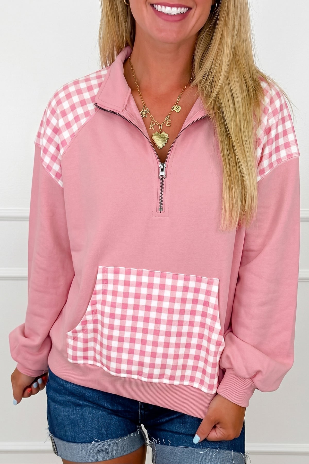 Racing Red Patchwork Plaid Pocket Quarter Zip Sweatshirt