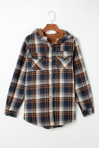Orange Snap Button Sherpa Lined Hooded Flannel Jacket