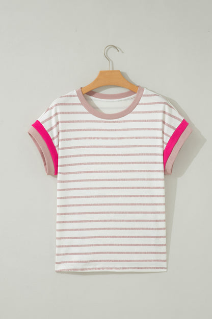 Khaki Stripe Color Block Short Sleeve Top