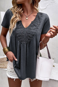 Solid Color Lace Crochet Short Sleeve V Neck T Shirt