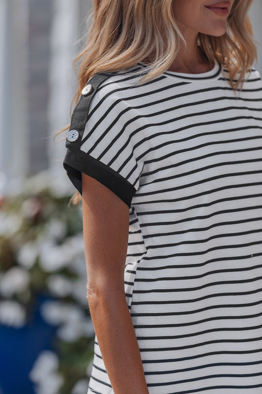 Classic Striped Button Sleeve Tee