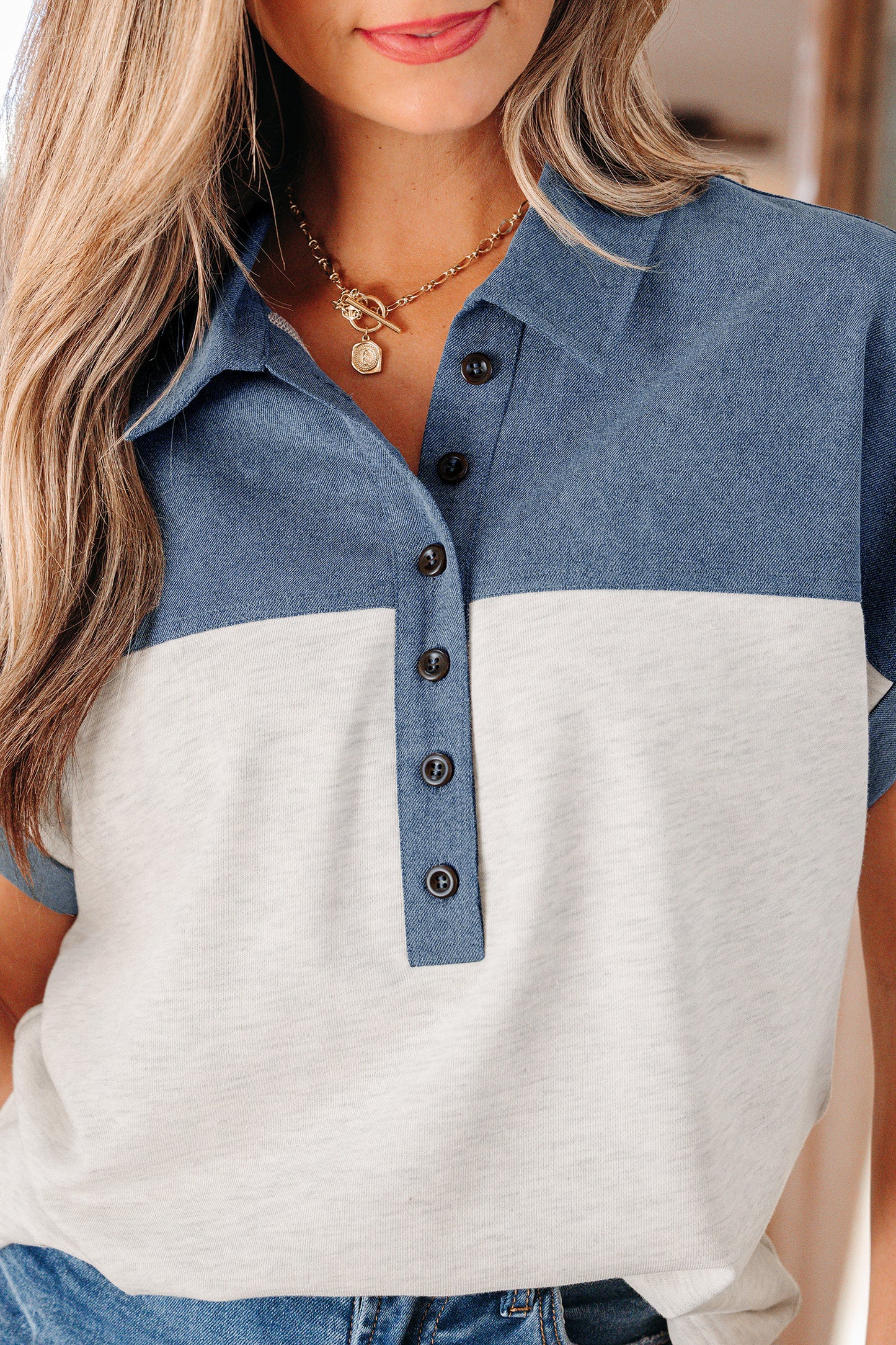 Grey Color Block Denim Short Sleeve Top