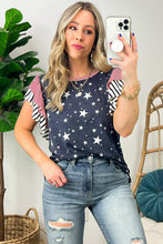 Load image into Gallery viewer, Gray Striped Ruffled Sleeve Star Print T Shirt