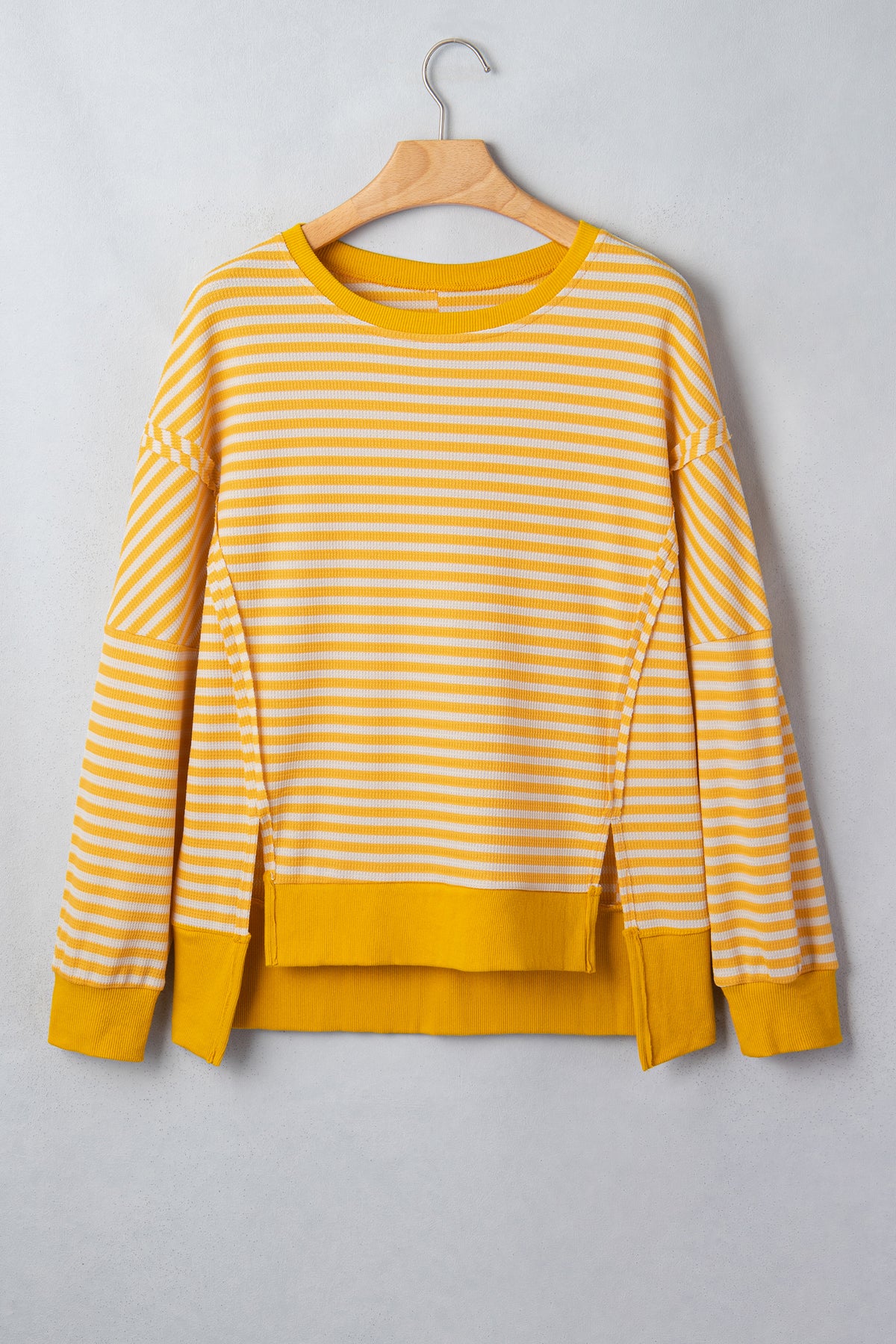 Khaki Stripe Textured Knit Color Block Trim Split Hem Long Sleeve Top