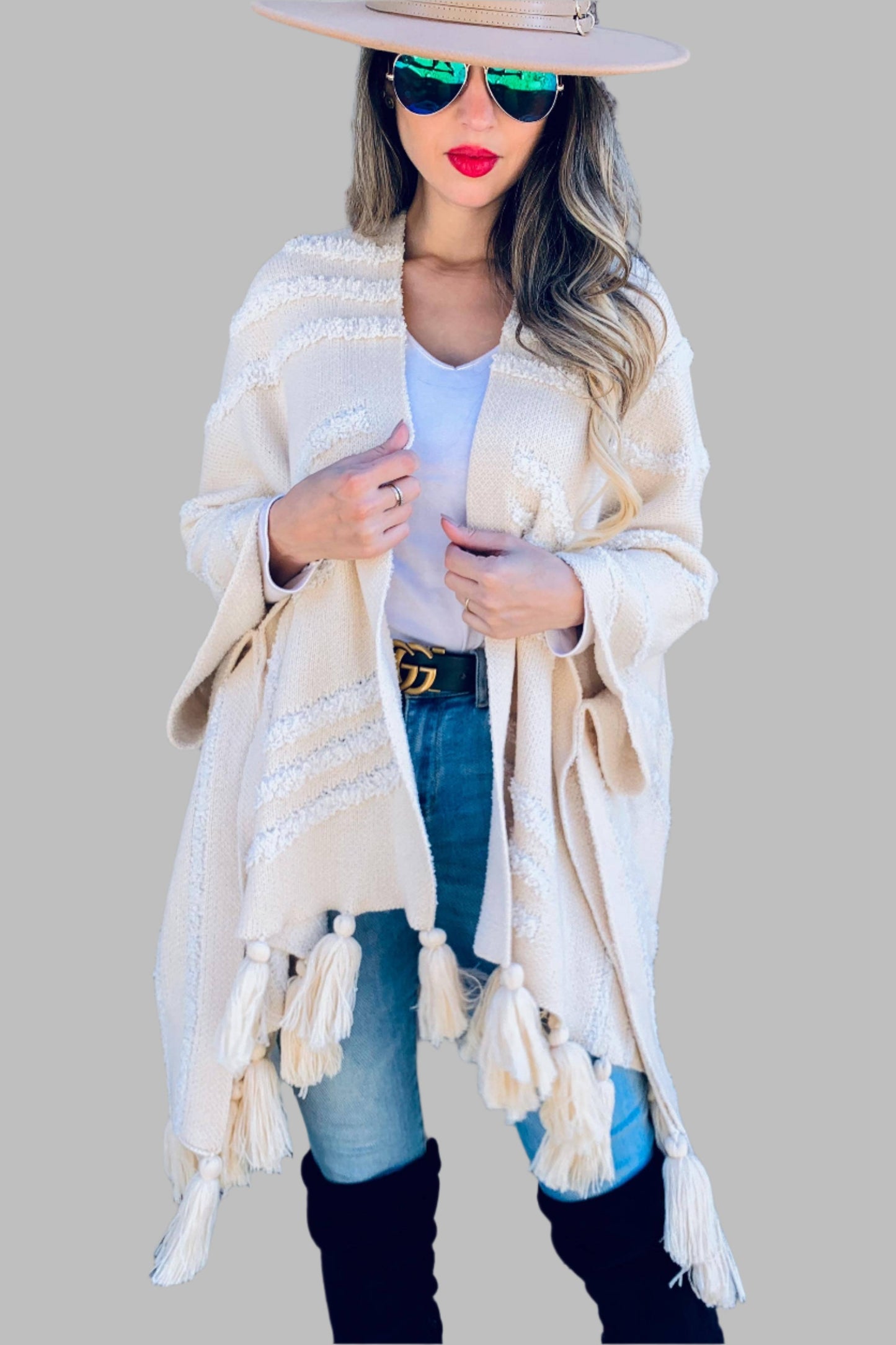 Gracie Cream Textured Chunky Tassel Cardigan
