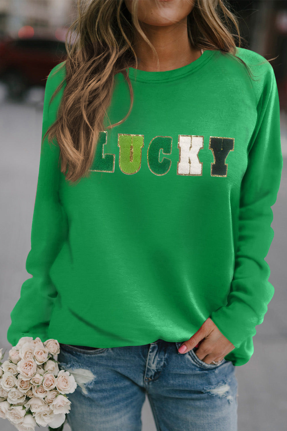 Green St Patricks LUCKY Chenille Letter Graphic Sweatshirt