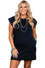 Load image into Gallery viewer, Black Studded Cap Sleeve Plus Size T Shirt Dress