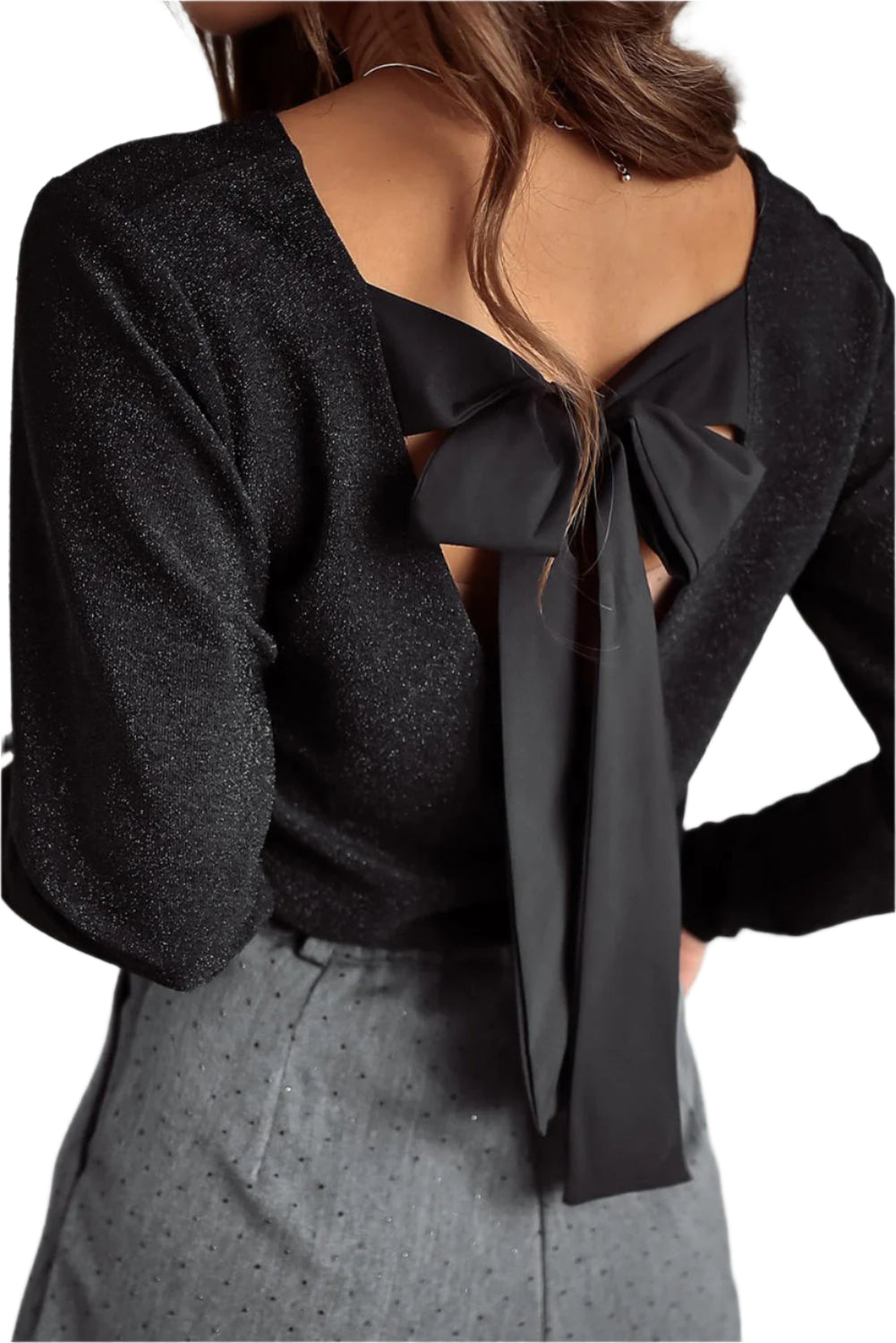 Black Metallic Bowknot Open Back V Neck Top