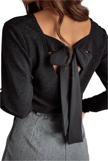 Black Metallic Bowknot Open Back V Neck Top