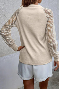 Ribbed Solid Color Striped Mesh Long Sleeve Top