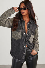 Load image into Gallery viewer, Black Leopard Patch Pocket Vintage Raw Hem Denim Jacket