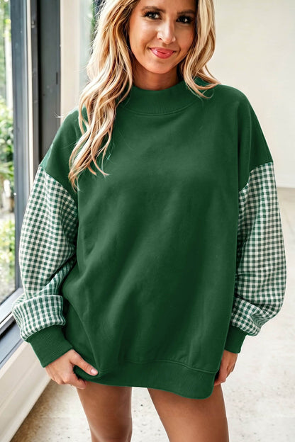 Russet Orange Plaid Sleeve Colorblock Loose Tunic Sweatshirt