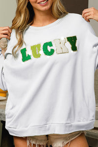 White Lucky Letter Embroidered Pullover Graphic Sweatshirt