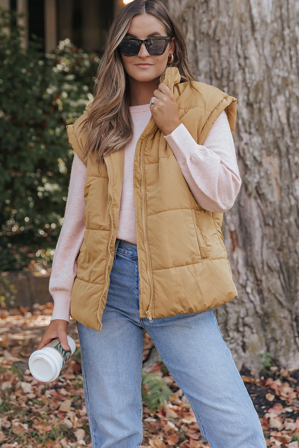 Khaki Oversized Cozy High Collar Layering Vest