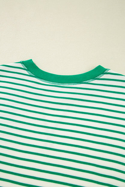 Bright Green Striped Exposed Seam Patchwork Loose Pullover Top