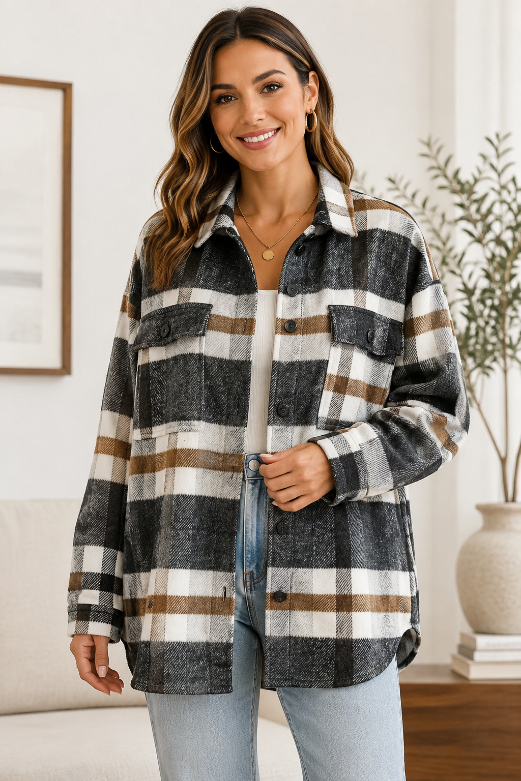 Navy Blue Plaid Button Flannel Shirt Jacket