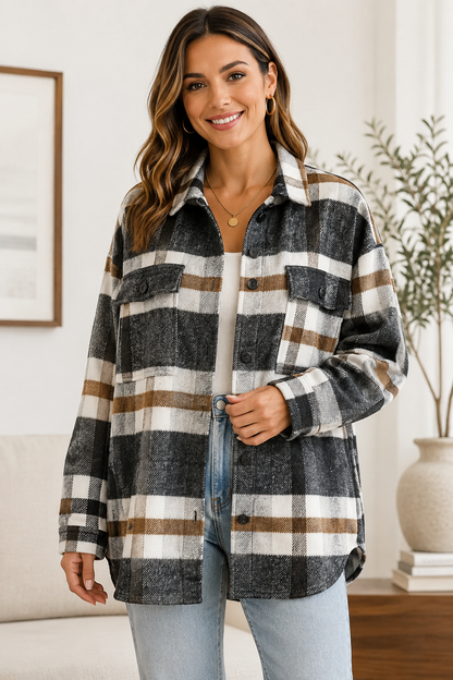 Navy Blue Plaid Button Flannel Shirt Jacket