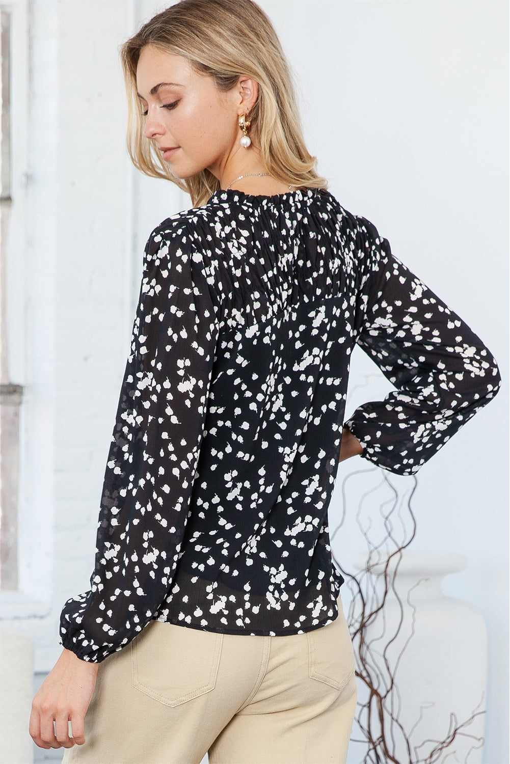Frill Split V Neck Boho Crinkled Blouse