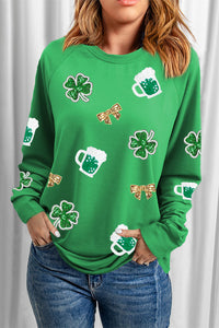 Green St Patrick Sequin Patch Graphic Drop Shoulder Sweatshirt