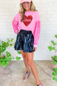 Pink Shiny Heart Shape love Print Sequined Sleeve Sweatshirt