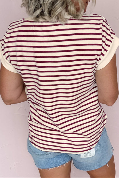 Red Stripe Half Buttons Round Neck T Shirt