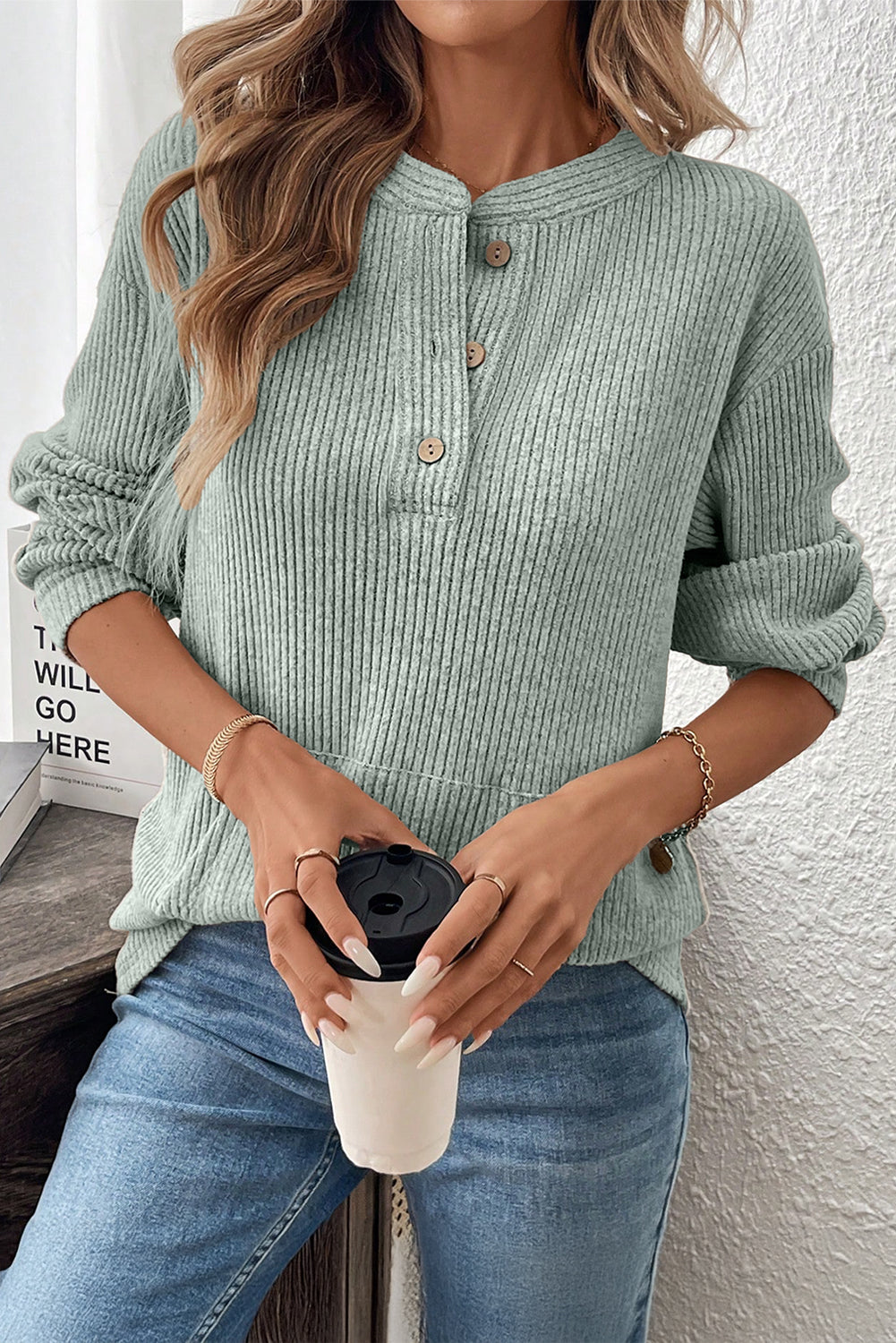 Aqua Ribbed Henley Knit Top