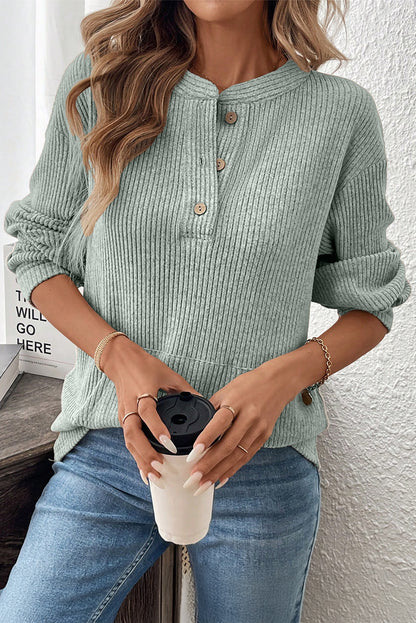 Aqua Ribbed Henley Knit Top