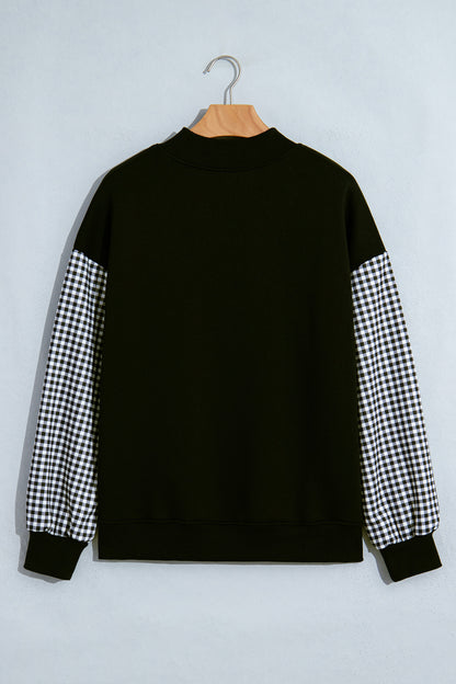 Russet Orange Plaid Sleeve Colorblock Loose Tunic Sweatshirt