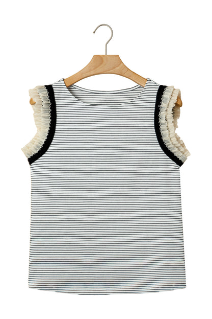 Black Stripe Ruffle Trim Casual Tank Top