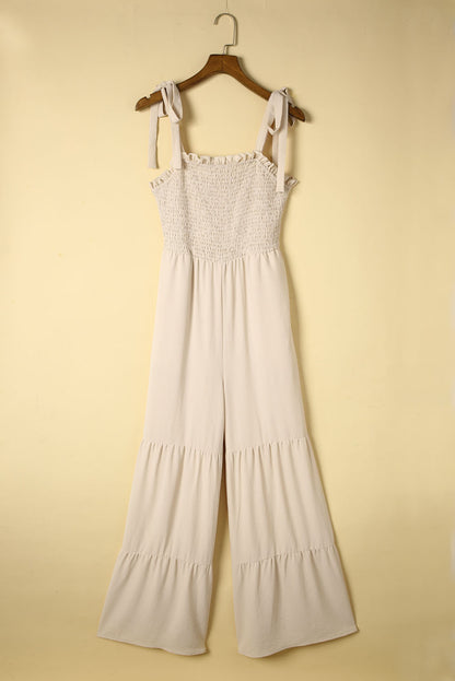 Black Tie Straps Shirred Casual Tiered Wide Leg Jumpsuit