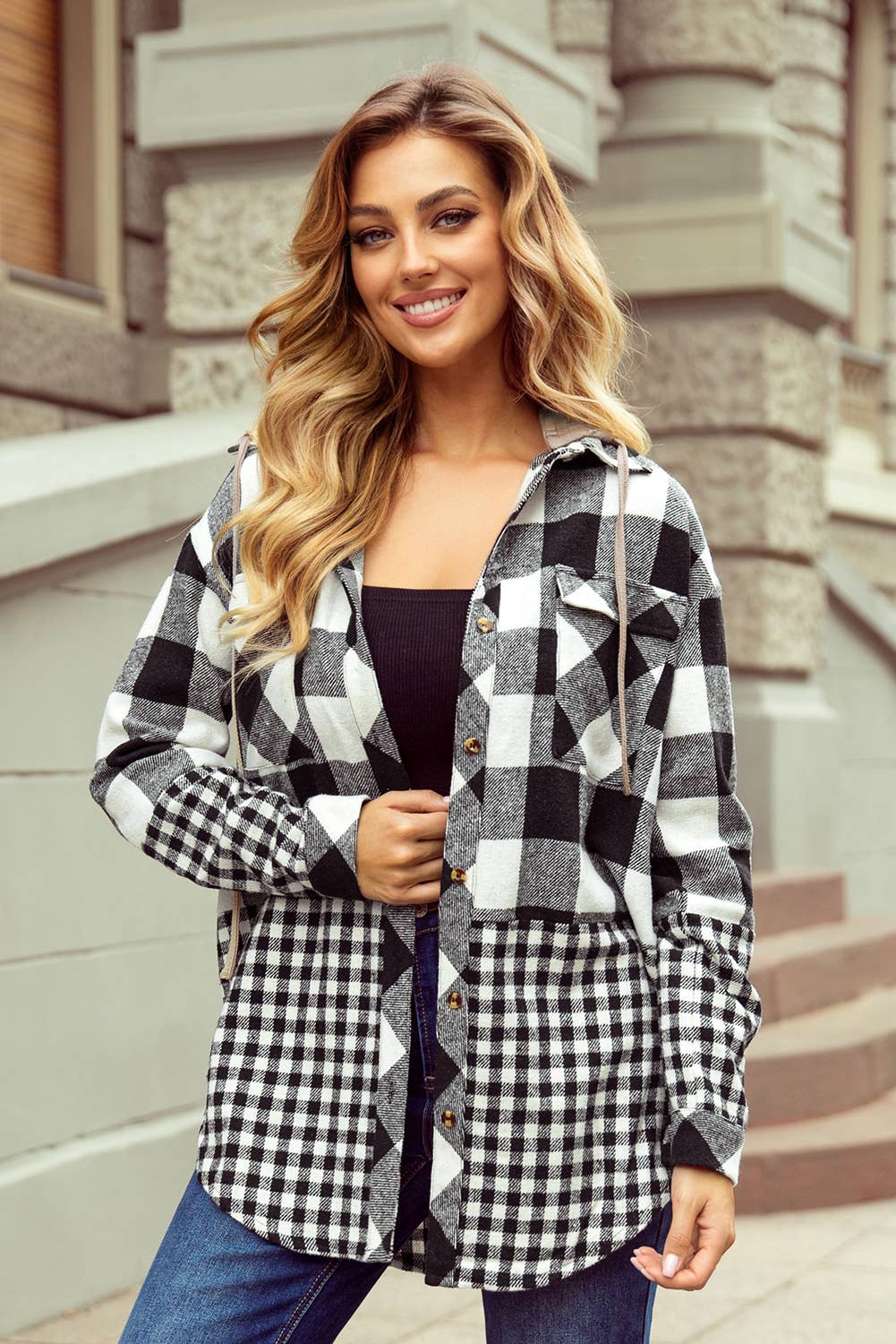 Double Plaid Patchwork Drawstring Hooded Shacket
