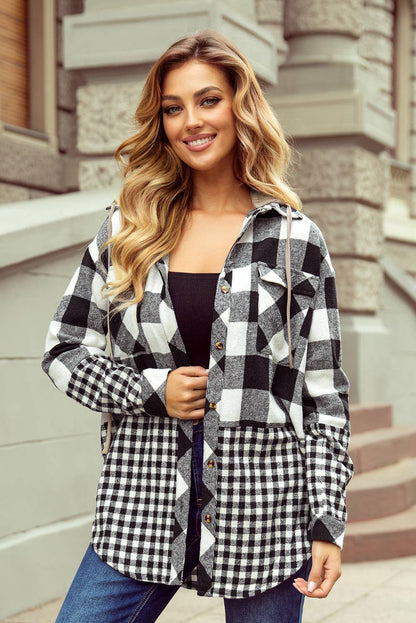 Double Plaid Patchwork Drawstring Hooded Shacket