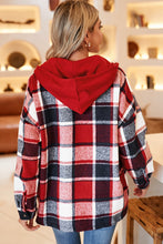 Load image into Gallery viewer, Red Plaid Button Front Hooded Shacket