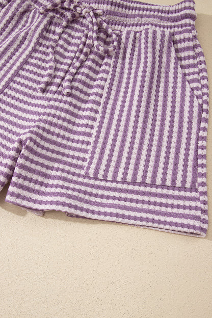 Brown Stripe Knit Short 2pcs Set